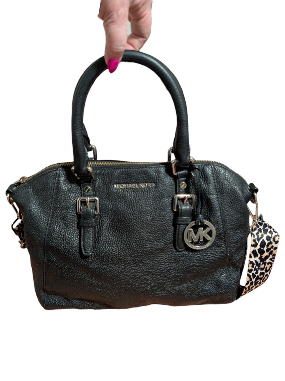 Michael Kors Black Pebbled Leather Satchel with Leopard Strap